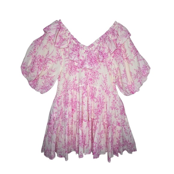 &Merci Womens Pink Floral Ruffled Cotton Mini Dress Puff Sleeve SZ M Coquette - Picture 7 of 12